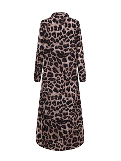 Women Leopard Print Lapel Long Sleeve Side Pockets Shirt Maxi Dress